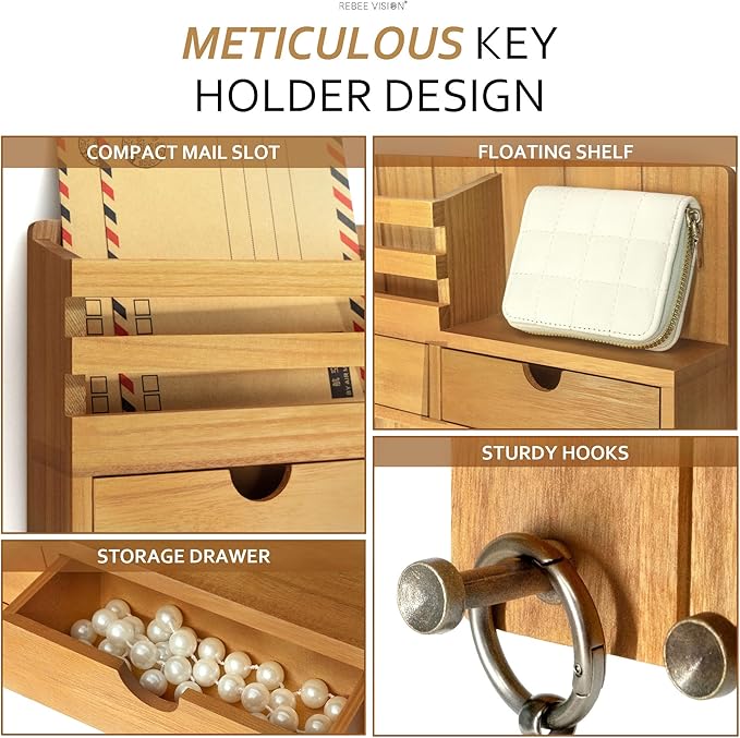 Rebee Vision Key Holder Wall Mount with 2 Drawers for Entryway, Light Brown | Mail Holder for Wall, 6 Key Hooks, Drawer Organizer, Mail Organizer, Living Room Decor, Home Storage, Farmhouse Organization