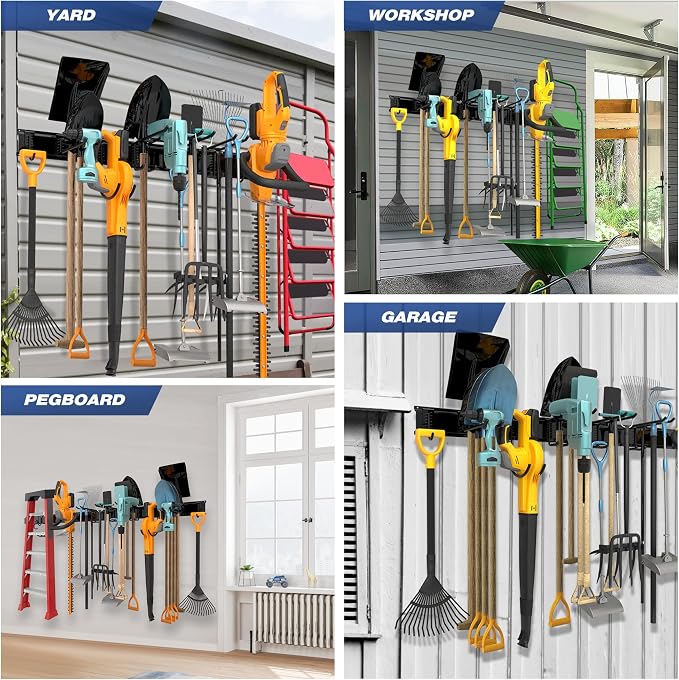 Garage Wall Organizer, Heavy Duty Tool Hangers for Garage Wall with 8 Double Hooks & 3 Rails, Tool Organizer Wall Mount, Garage Hanging Storage Rack for Shovel, Rake, Broom and Ski Gear