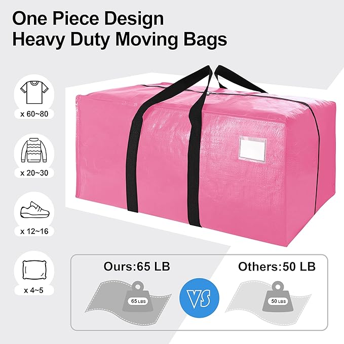 VELVETSURE 12 Pack Heavy Duty Large Moving Bags W/Backpack Straps - Strong Handles & Zippers, Storage Totes For Space Saving, Fold Flat, Alternative to Moving Box and Storage Bin, Pink