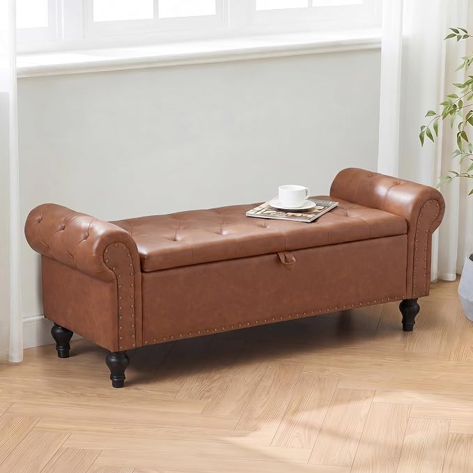 51" Storage Bench for Bedroom, Upholstered Ottoman Bench, Leather Brown | End of Bed Bench for Bedroom, Window Benches for Living Room, Entryway, Ottoman with Large Storage Space, Pet Friendly