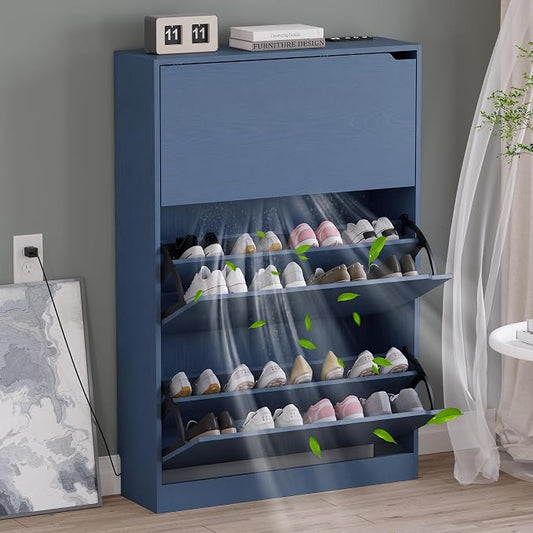 BORNOON Shoe Cabinet with Odor Control and Back Panels, Deodorizing Slim 3-Flip Shoe Storage Cabinet for Entryway, Freestanding Hidden Shoe Rack Organizer for Entrance, Hallway, Bedroom