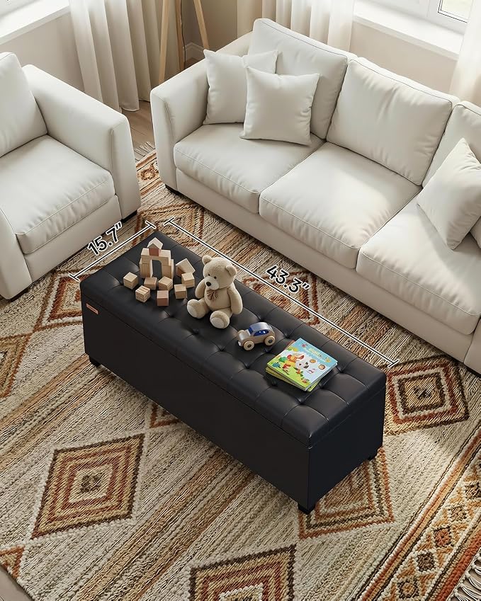 ABHENG Synthetic leather Storage ottoman bench with legs,43.5”W x 15.7”D x 15.7”H,metal frame end of bed bench hold up to 770 LB,Large Storage Chest hold up to 770 LB,Black UASND622B