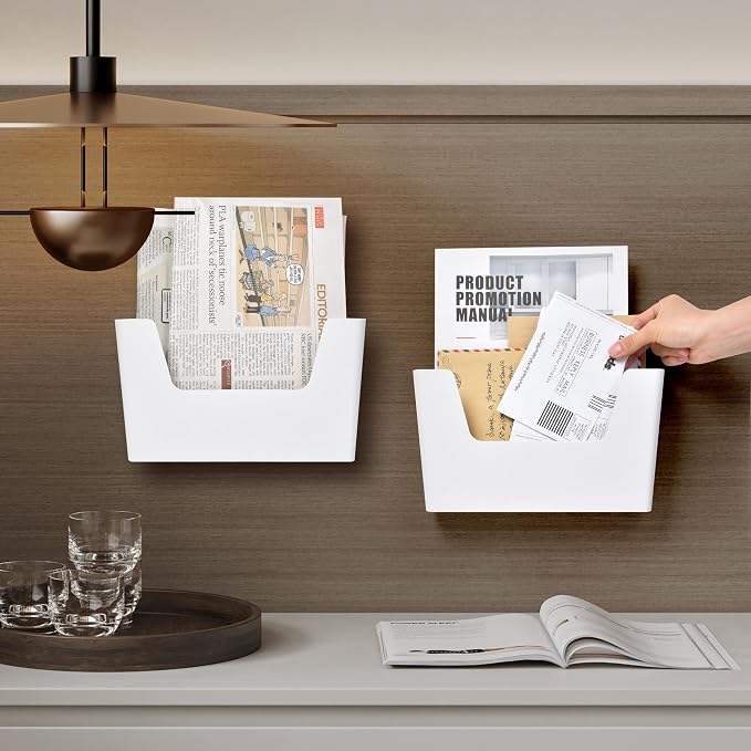YOHOM Adhesive File Holder Plastic Document Folder Door No Drilling Mount Mail Magazine Organizer A4 Filing Envelopes Folder, Office Wall Mount Single Pocket (WHITE, 2 PCS)