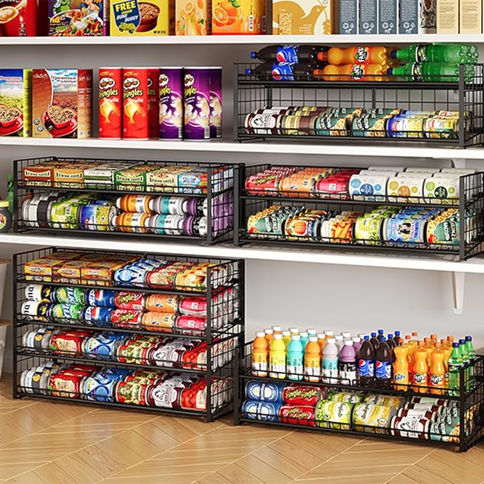 2-Tier Stackable Can Rack Organizer for Pantry Shelf, Long-Size Adjustable Can Holder for Kitchen Organization,Heavy Duty Can Dispenser for Canned Food Soup Goods up to 50 in Cabinet storage, Black