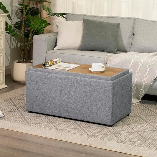 Adeco 35 Inches Storage Ottoman Bench, Non-Folding End of Bed Foot Rest Stools Ottoman with Thicker Foam Padded Seat, Upholstered Storage Chest for Living Room, Entryway, Bedroom