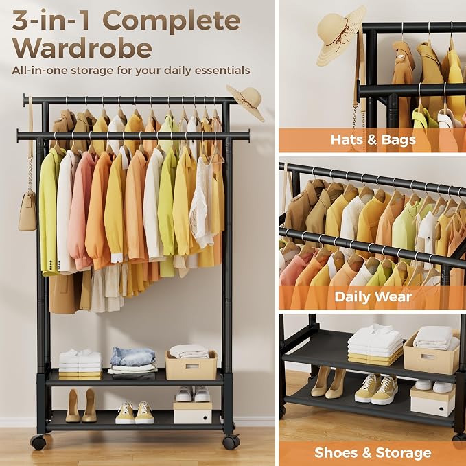 Double Rod Clothing Rack with 2 Shelves, Rolling, Black | All tools included, metal frame, 4 casters with 2 locking, for bedroom, laundry, and entryway