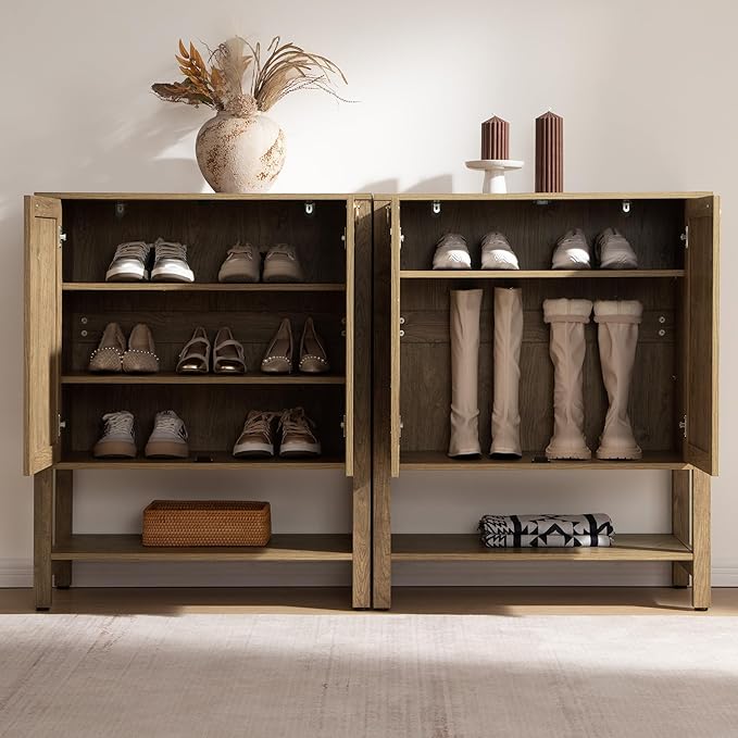 SICOTAS Rattan Shoe Storage Cabinet with Storage 5 Tier Shoe Organizer | Farmhouse Boho Shoe Cabinet with Shelves & Doors, Tall Shoe Rack Cabinet for Entryway, Living Room, Closet (Carbon Cherry)