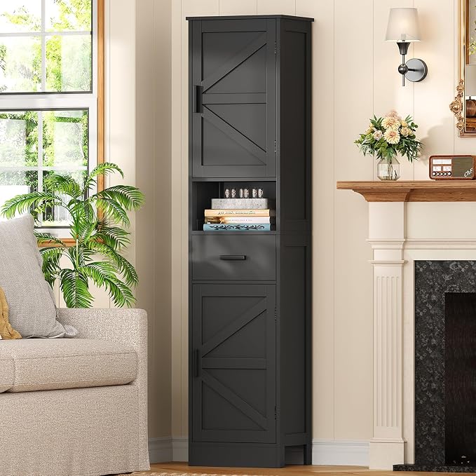 Tall Bathroom Storage Cabinet with Barn Doors, Narrow Bathroom Cabinet with Drawer, Narrow Storage Unit, Adjustable Shelves, Floor Cabinets for Living Room, Entryway, Kitchen, Black