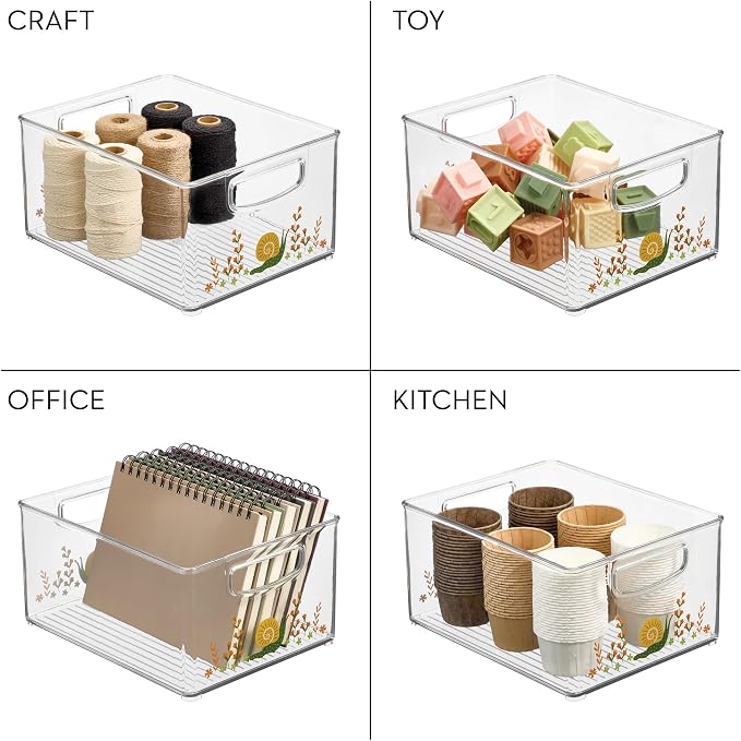 iDesign Bathroom Organizer Bin, Clear/Snail | Decorative Print, Stackable, Plastic Storage Basket, For Makeup & Vanity Organization