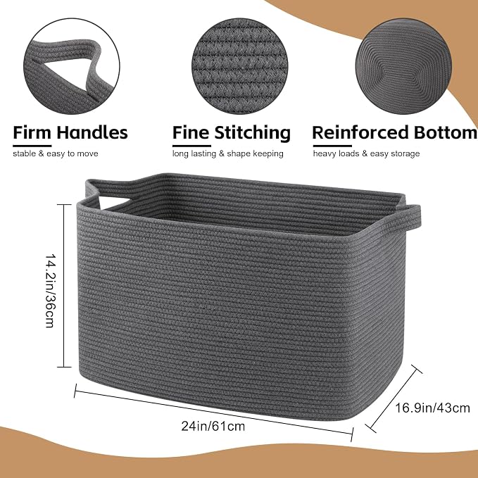 OIASKET 95L Extra Large Blanket Basket, 24" x 16.9" x 14.2" Woven Storage Basket for Living Room, Nursery Blanket Storage for Toys, Towels, Dirty Clothes (Grey)