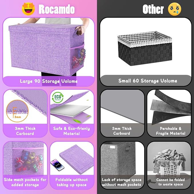 Large Toy Storage Box with Lid, Dividers, Collapsible Kids Toy Chest Purple | Toy Box for Boys, Girls, Nursery, Bedroom, Living Room, Playroom, 25 x 13 x 16 inches