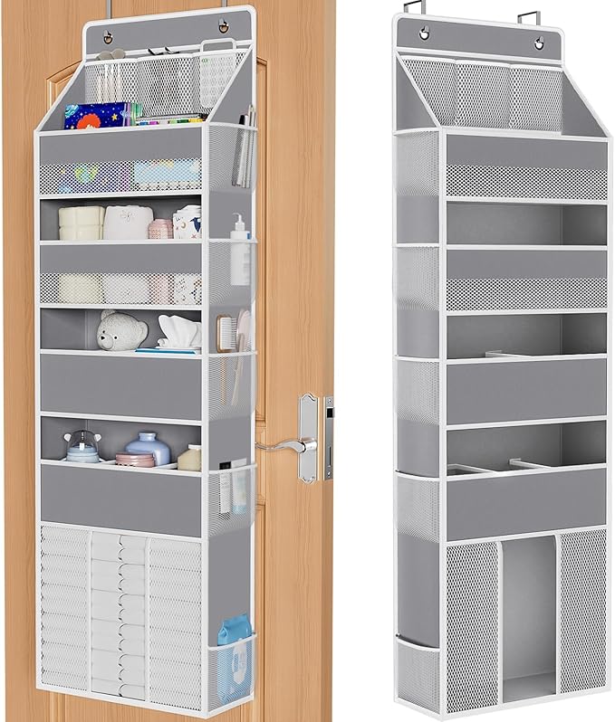 WISELIFE 5-Tier Over the Door Organizer for Nursery Hanging, Gray | Multi-Pocket Back of Door Baby Organizer for Diapers, Clothes & Nursery Essentials, Heavy-Duty Large Capacity, 50 Lb Capacity