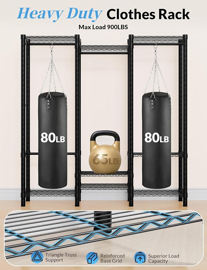 Heavy Duty Clothes Rack, Metal Garment Rack 64.8" W x 15.8" D x 76" H with Hooks, Freestanding Clothing Racks for Hanging Clothes, Portable Closet Organizer 900LBS Max Load, Easy Assembly-Black