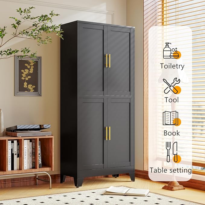 winiowa 75" Tall Kitchen Pantry Cabinet, Metal Storage Cabinet with Doors and Adjustable Shelves, Black Freestanding Pantry Cabinet for Kitchen, Dining Room, Living Room, Laundry Room, Bathroom