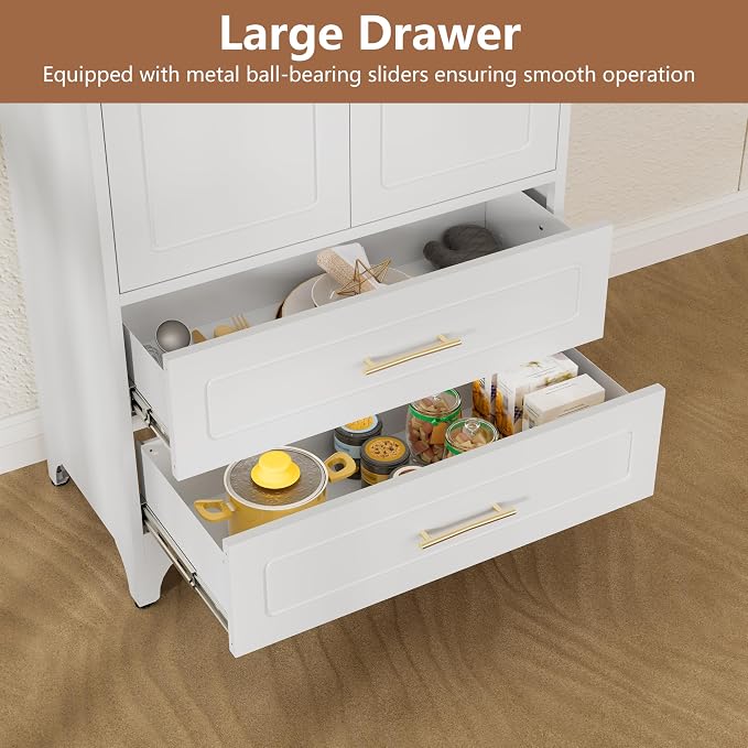Polup 75" Tall White Metal Pantry Storage Cabinet with 2 Drawers | Heavy-Duty Steel Kitchen Cabinet, 2 Adjustable Shelves & Magnetic Doors, Leveling Feet, for Dining Living Room, Laundry