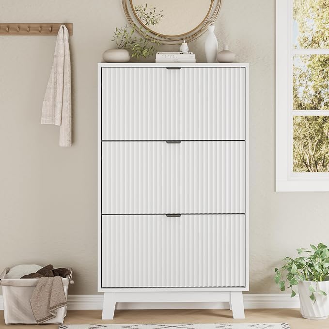 Xixini Shoe Cabinet with 3 Flip Drawers, 54" Tall Narrow Fluted Shoe Storage Organizer for Entryway, Hidden Slim Wooden Shoe Rack Cabinet for Front Door Entrance, Hallway, Living Room, Solid White