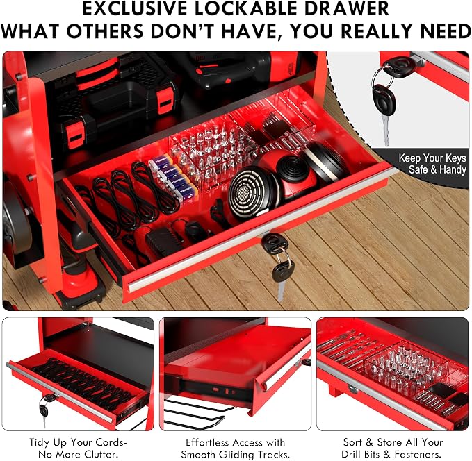 KSVO Power Tool Organizer Wall Mount with Drill Rack & Locking Drawers - Heavy Duty Metal Tool Shelf for Garage, Workshop, Shed, Basement Tool Organization - Gift for Men/Father (Red)