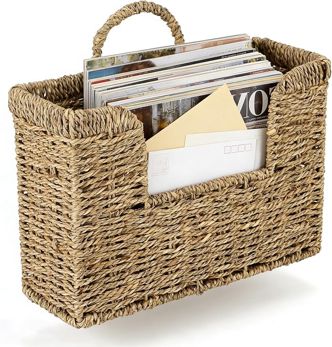Hanging Magazine Basket, Woven Wall Magazine Holder Organizer with Handle for Mail, Files, Books - Water Hyacinth Farmhouse Storage Rack for Bathroom, Kitchen, Office (1, Sea Grass)