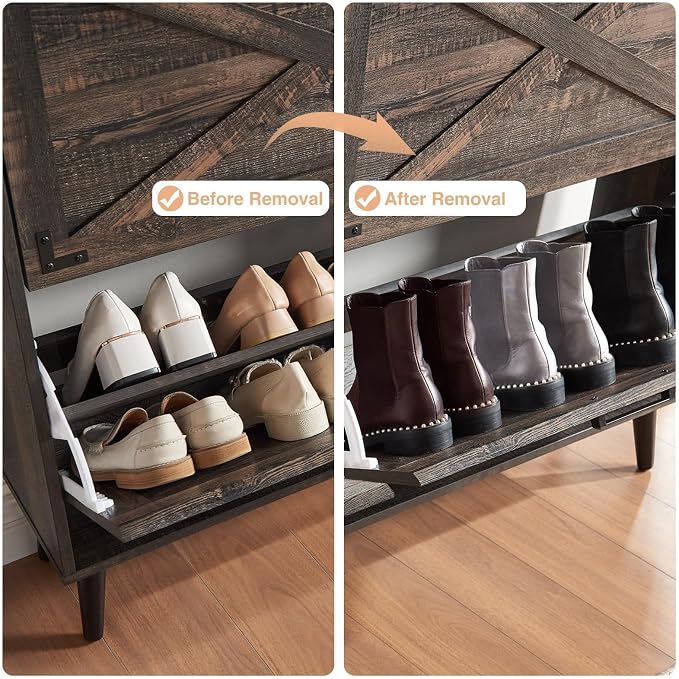 Barnyatoh Farmhouse Shoe Storage Cabinet with 2 Flip Drawers & Barn Door | Freestanding Hidden Slim Narrow Shoe Rack, Adjustable Shelves,Wood Shoes Organizer for Entryway, Foyer, Hallway,Dark Oak