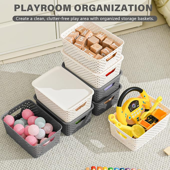 10 Pack Small Plastic Storage Bins with Lids, Stackable Plastic Storage Baskets for Organizing with Handles, Organizer Bins with Labels for Room, Craft, Containers for Pantry Organizers and Storage