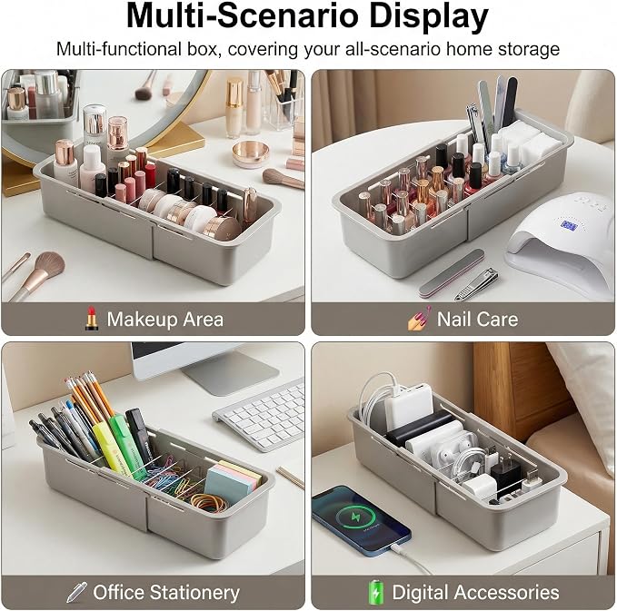 Li&Zhao Drawer Organizer- Adjustable Storage Bins with 5 Dividers, Gray Clear Drawer Organizer for Kitchen, Bedroom, and Office, Expandable clear organizer bins for Makeup, Utensils, and Gadgets