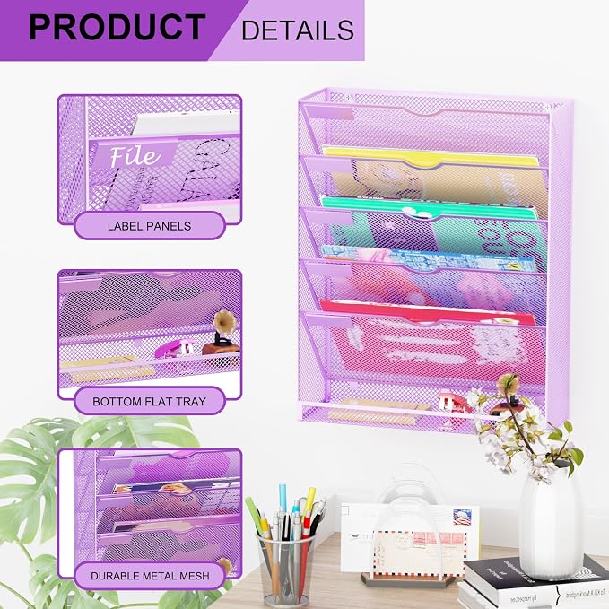 Hanging Wall File Organizer 6 Tier Wall Mounted Mail Paper Folder Holder Document Organization Stand, Vertical Desk Magazine Rack for Office Home Cubicle Countertop, Light Purple