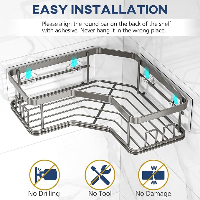MAXIFFE 3 Pack Corner Shower Caddy with Soap Holder, Large Capacity Sturdy Easy Install No Drilling Stainless Steel Hold 40 LBS Shower Organizer Shelves Rack Storage for Family Renters Bathroom, Grey
