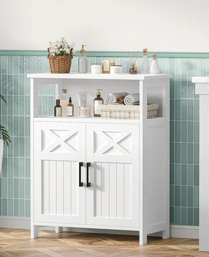 Akxomel Farmhouse Bathroom Storage Cabinet, 11.8" D x 23.6" W Bathroom Floor Cabinet, Small Toilet Paper Cabinet with 2 Doors, Linen Cabinet with Adjustable Shelf for Kitchen, Living Room, White