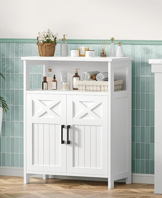 Akxomel Farmhouse Bathroom Storage Cabinet, 11.8" D x 23.6" W Bathroom Floor Cabinet, Small Toilet Paper Cabinet with 2 Doors, Linen Cabinet with Adjustable Shelf for Kitchen, Living Room, White
