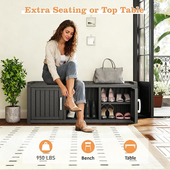 2-Tier Storage Bench, Waterproof UV-Resistant Outdoor Shoe Storage Cabinet with 2 Doors & Adjustable Shelves for Indoor Outdoor Entryway, Hallway, Living Room(Classic Black)