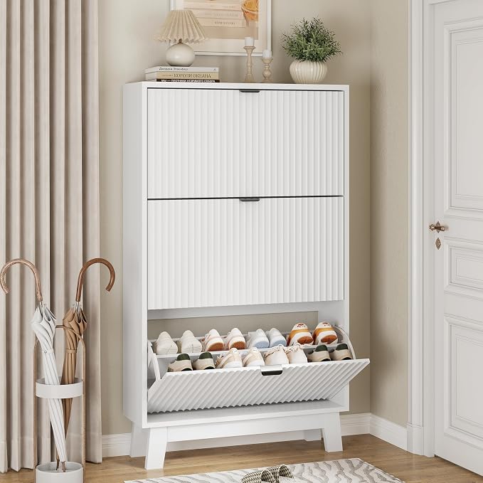 Xixini Shoe Cabinet with 3 Flip Drawers, 54" Tall Narrow Fluted Shoe Storage Organizer for Entryway, Hidden Slim Wooden Shoe Rack Cabinet for Front Door Entrance, Hallway, Living Room, Solid White