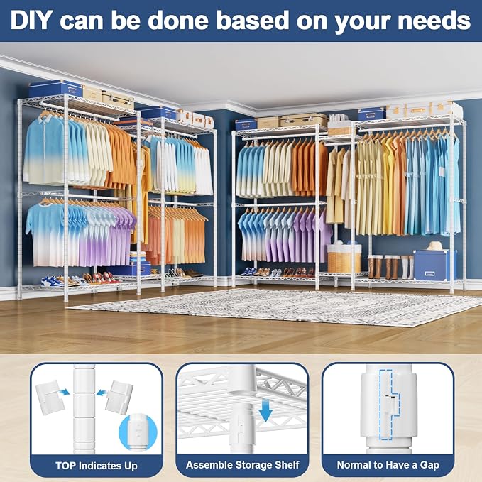 E12 Max Clothes Rack，Heavy Duty Freestanding Garment Rack with Shelves，Metal Clothing Closet Storage System for Hanging Clothes，83" W x 16" D x 76.5" H, Hold 1060 lbs，White