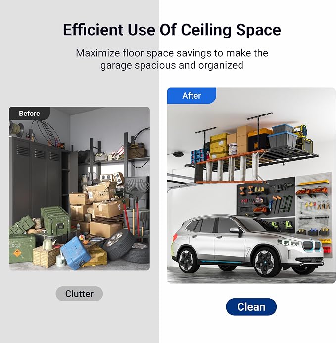 FLEXIMOUNTS 4x8 Overhead Garage Storage Rack with 6 Hooks, 2 Pack, Black | 750lbs Capacity, 22.6"–39.4" Adjustable Dropdown, Heavy-Duty Metal Ceiling Racks, Storage Organization System, Lite Series