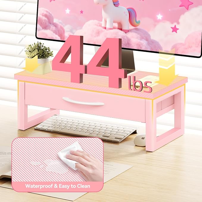Desk Organizers and Accessories, Computer Monitor Stand Riser with Fabric Drawer, 2-Tier Laptop Stand for Desk, Office Organization Accessories, Pink