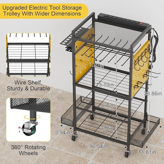 Power Tool Organizer Cart with Charging Station, Heavy Duty Garage Tool Organizer Rolling Tool Battery Storage with 8-Outlet Power Strip, a 4.9-FT Cord,4 Wheels, 2 Hanging Baskets, Hooks,Yellow
