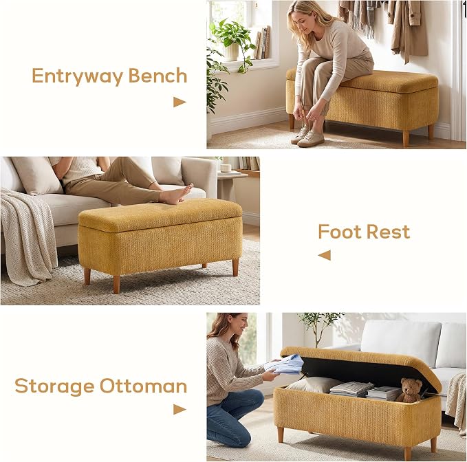 39.4" Ottoman with Storage Upholstered Storage Bench for Living Room | Modern Fabric End of Bed Bench Footstool with Wooden Legs Ottoman Bench for Window Hallway Entryway Bedroom Yellow