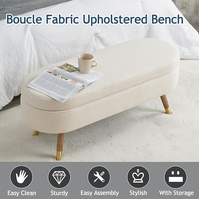IAFIKE Oval Storage Bench 43.5" Ottoman Bench Upholstered Boucle Fabric Footrest Bench with Golden Metal Legs End of Bed for Bedroom, Living Room, Entryway,Bed Side (Beige)