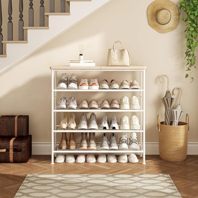 SUOERNUO 5 Tier Shoe Rack Organizer for Closet Shoe Storage for Entryway | Free Standing with MDF Top Board,Sturdy Metal Frame,Ideal for Living Room,Hallway White