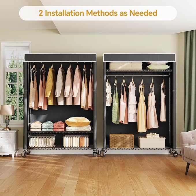 Higeego H4 Plus Rolling Clothes Rack with Cover, Black | Heavy Duty Clothing Rack with Wheels, Portable Closet for Hanging Clothes, Wardrobe Closets Rack with Black Fabric Cover