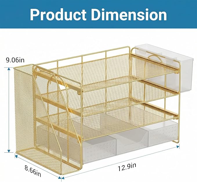 ECOLOVI Desk Organizer, 4-Tier Paper Organizer Letter Tray with File Holder, Drawer and 2 Pen Holders, Desktop File Organizer for Office Supplies, Workspace Storage, Gold
