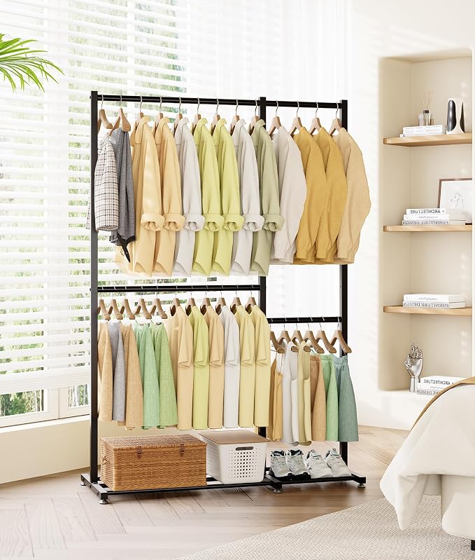 Clothes Rack, Clothing Racks for Hanging Clothes with 4 Hanging Sections, Double Rod Garment Rack with Storage Shelves for Bedroom Living Room 47.2" x 17.7" x 69.9", Black