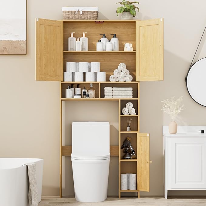 Homhedy Wooden Over The Toilet Storage Cabinet, Natural | Bathroom Organizer with Rattan Decorated Doors, Adjustable Shelves, Toilet Paper Holder, for Small Spaces