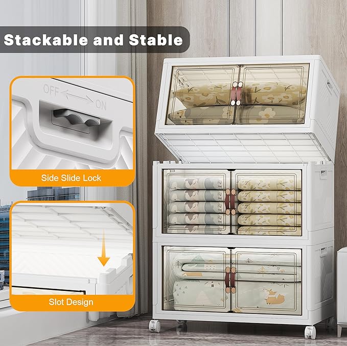 UAMFURI Stackable Storage Bins, 1050QT Collapsible Drawers with 2 Lids | Large Capacity, Magnetic Door, Stack Lock, Rolling Wheels, Foldable Design, Organizers and Storage for Bedroom Dorm Garage