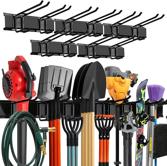 TIDYME Garage Wall Organizer, Shovel Holder Wall Mount, 80" Double Hooks | 500 lbs, adjustable double-layer tool hangers for garage wall, holds ladders, shovels, rakes, hoses & power tools