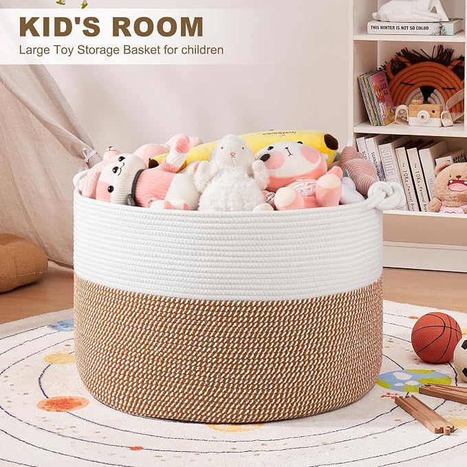 OIASKET XXL Large Blanket Storage Basket for Living Room, 105L Woven Cotton Rope Basket with Handles, Baby Toy Storage, Laundry Hamper for Clothes, Pillows, Towels-Yellow and White