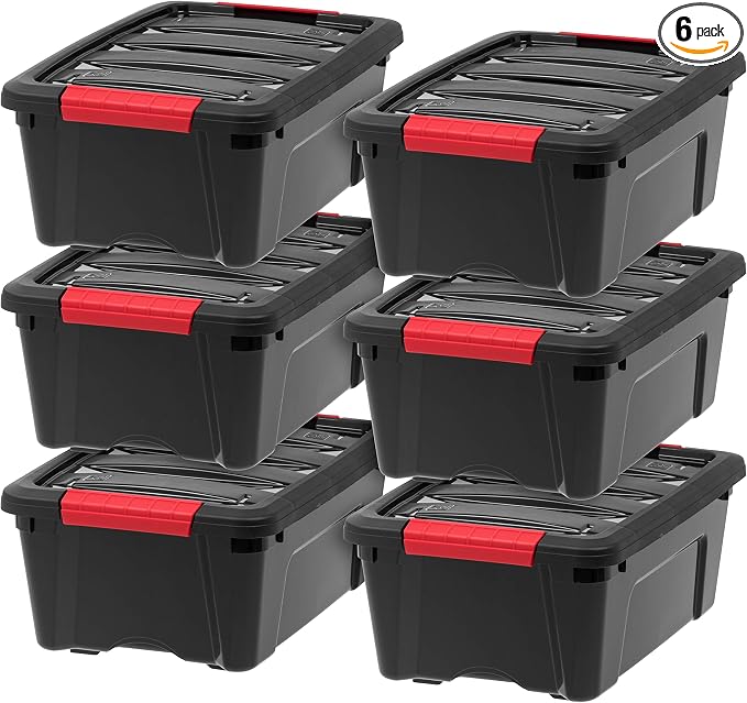 IRIS USA 6-Pack 13 Quart Storage Bins with Lids, Black | Black finish conceals stored items. Ideal for shoes, photos, documents, and small essentials. Nestable design saves space