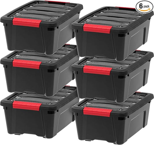 IRIS USA 6-Pack 13 Quart Storage Bins with Lids, Black | Black finish conceals stored items. Ideal for shoes, photos, documents, and small essentials. Nestable design saves space