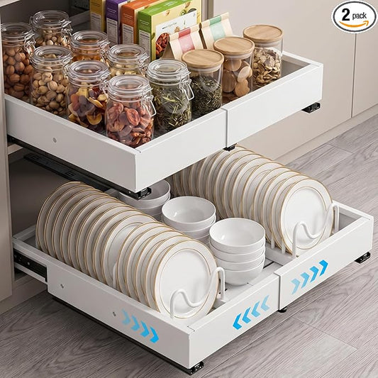 DOMNIU 2 Pack Pull Out Cabinet Organizers Width(12"-19"), Depth(17"-23") | Slide Out Drawers, Upgrade 3 Slide Rails Sliding Drawer for Kitchen Cabinet Organizer, White