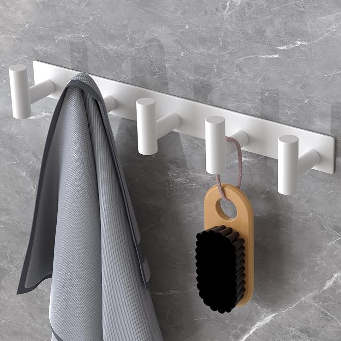 PMMASTO Stainless Steel Coat Rack Wall Mounted, Heavy Duty Metal Hook Rail for Hanging Coats Hats Towels Robes Bags, Modern Wall Hooks Organizer (White, 5 "T Hooks, 2PACK)