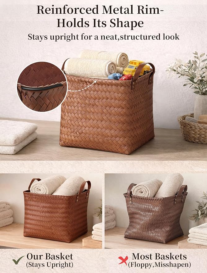 Wicker Storage Baskets, 4 Pack Woven Baskets for Shelves, Brown | PP Rattan, Water-resistant Wicker Basket, Large Baskets with Faux Leather Handles for Blanket, Laundry Organizer, Room Decor